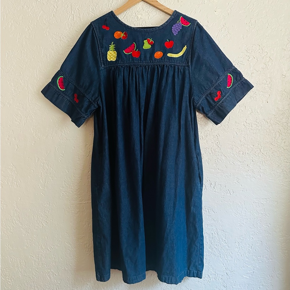90s Oversized Denim Embroidered Fruit Dress